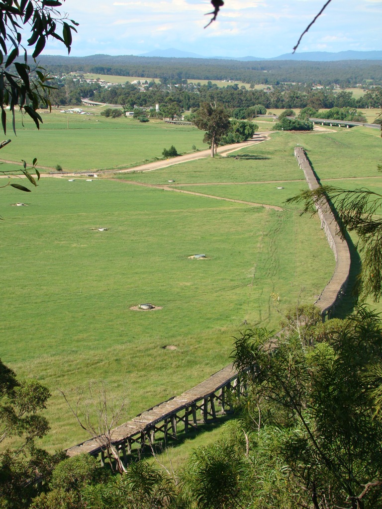 Looking over farmland and Snowy Rail Bridge from Grandview Lookout Newmeralla